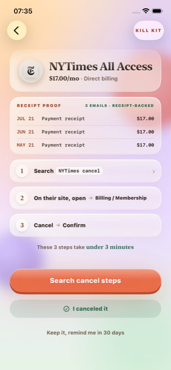 A cancellation guide inside the Receiptmark app.